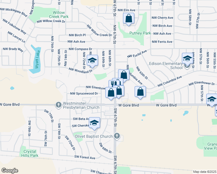 map of restaurants, bars, coffee shops, grocery stores, and more near 302 Northwest Tanglewood Lane in Lawton