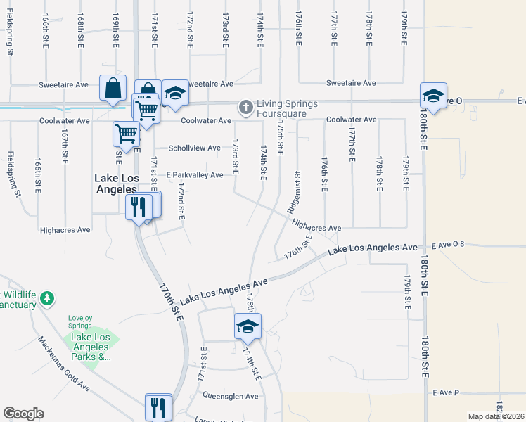map of restaurants, bars, coffee shops, grocery stores, and more near 174th Street East in Palmdale