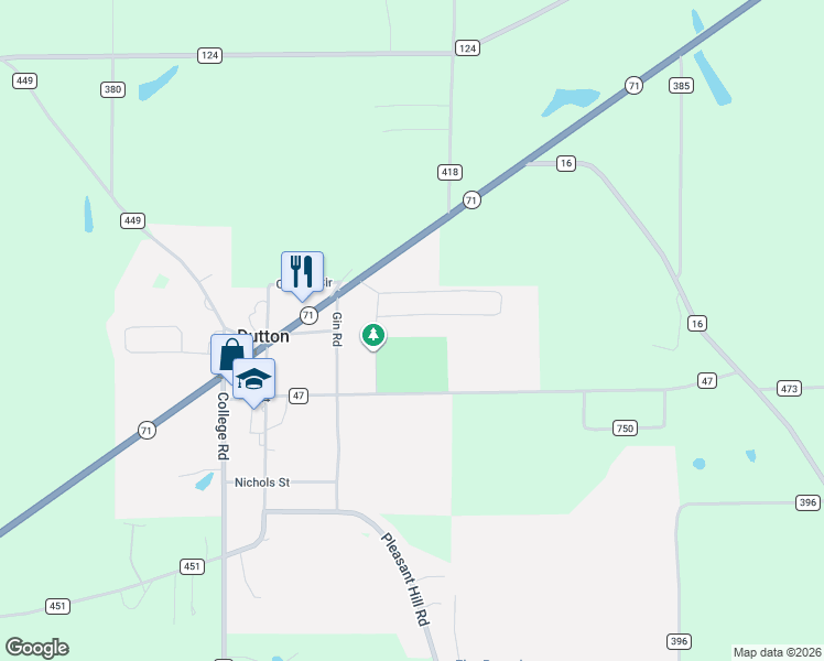 map of restaurants, bars, coffee shops, grocery stores, and more near 107 Park Road in Dutton