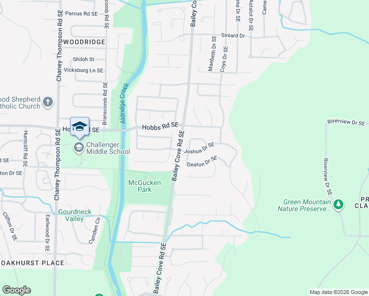 map of restaurants, bars, coffee shops, grocery stores, and more near 1203 Joshua Drive Southeast in Huntsville