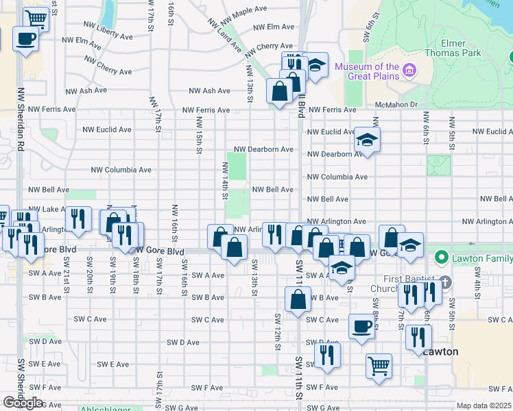 map of restaurants, bars, coffee shops, grocery stores, and more near 1213 Northwest Lake Avenue in Lawton