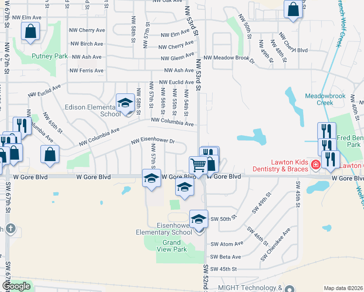 map of restaurants, bars, coffee shops, grocery stores, and more near 5608 Northwest Eisenhower Drive in Lawton