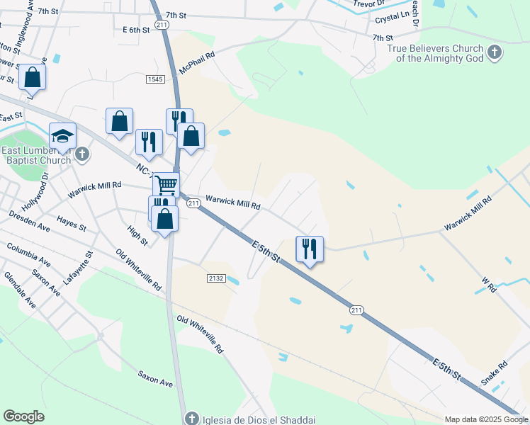 map of restaurants, bars, coffee shops, grocery stores, and more near 704 Warwick Mill Road in Lumberton