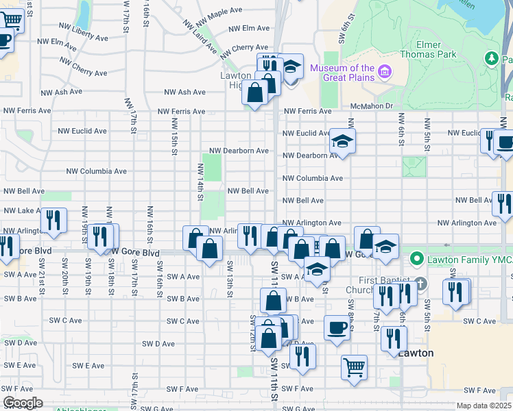 map of restaurants, bars, coffee shops, grocery stores, and more near 1113 Northwest Lake Avenue in Lawton