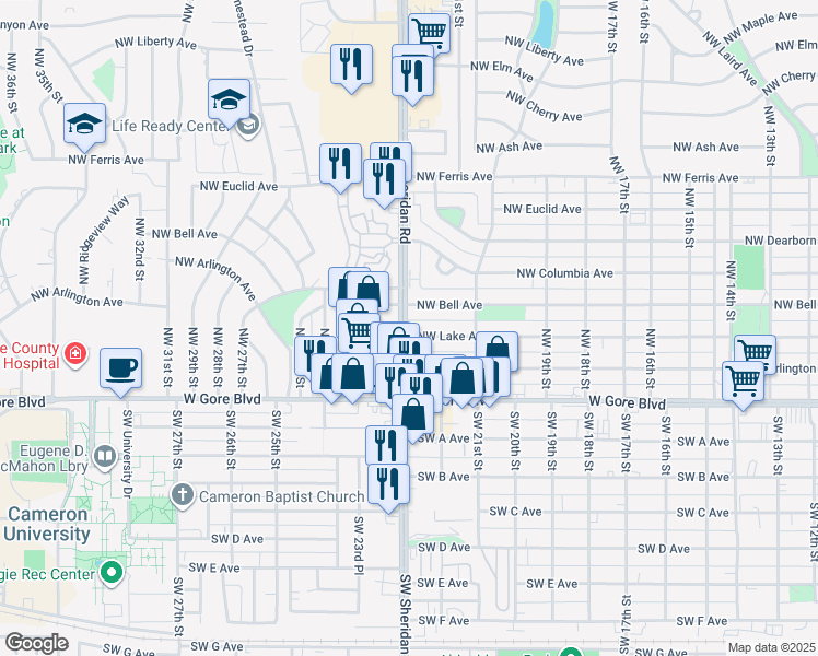 map of restaurants, bars, coffee shops, grocery stores, and more near 2127 Northwest Lake Avenue in Lawton