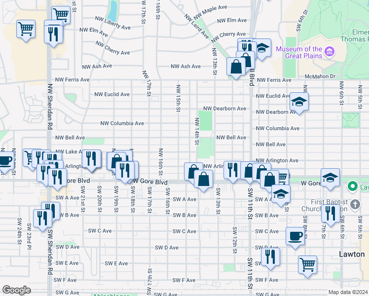 map of restaurants, bars, coffee shops, grocery stores, and more near 1411 Northwest Lake Avenue in Lawton