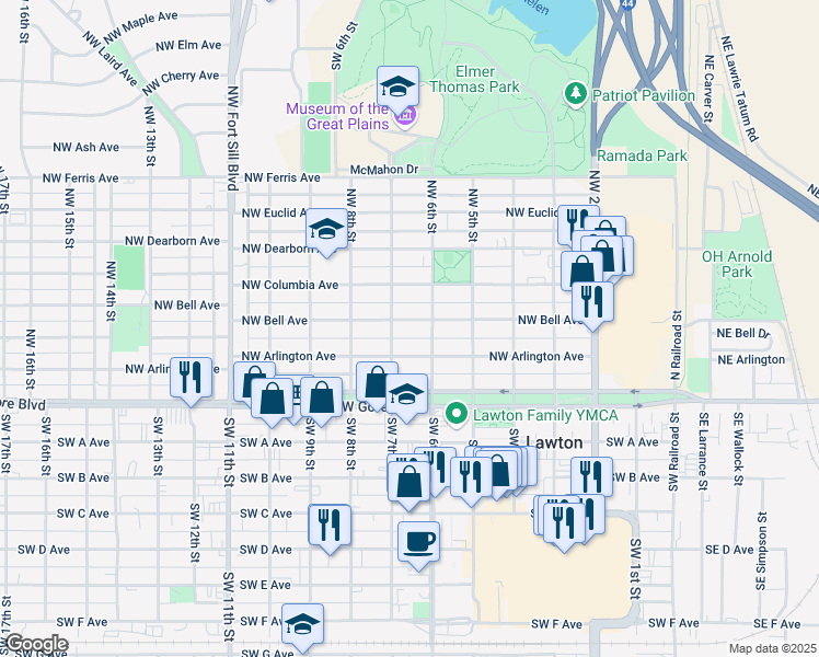 map of restaurants, bars, coffee shops, grocery stores, and more near 610 Northwest Bell Avenue in Lawton