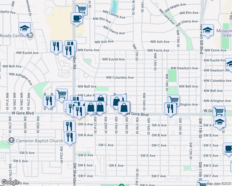 map of restaurants, bars, coffee shops, grocery stores, and more near 1815 NW Lake Ave in Lawton