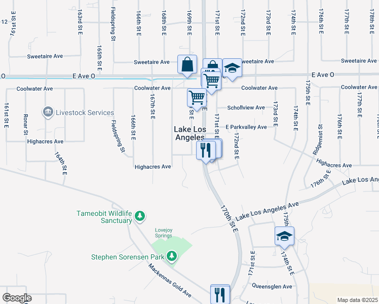map of restaurants, bars, coffee shops, grocery stores, and more near 40103 169th Street East in Palmdale
