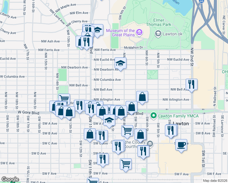map of restaurants, bars, coffee shops, grocery stores, and more near 816 Northwest Bell Avenue in Lawton