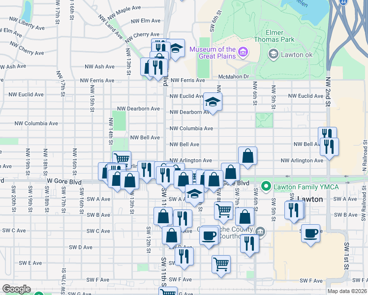 map of restaurants, bars, coffee shops, grocery stores, and more near 916 Northwest Bell Avenue in Lawton