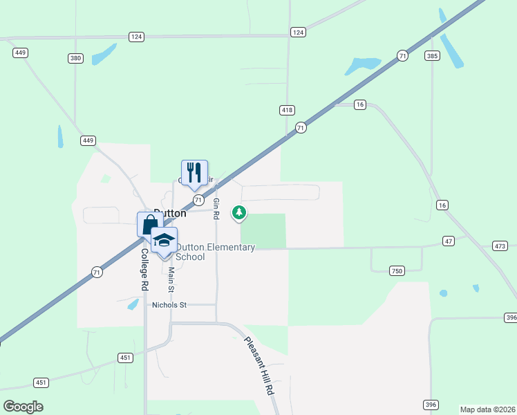 map of restaurants, bars, coffee shops, grocery stores, and more near 107 Park Road in Dutton