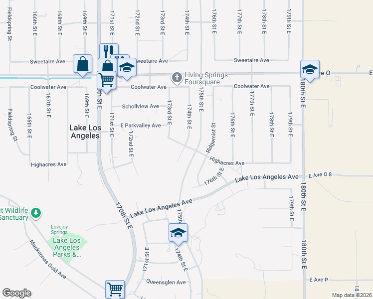 map of restaurants, bars, coffee shops, grocery stores, and more near in Lake Los Angeles