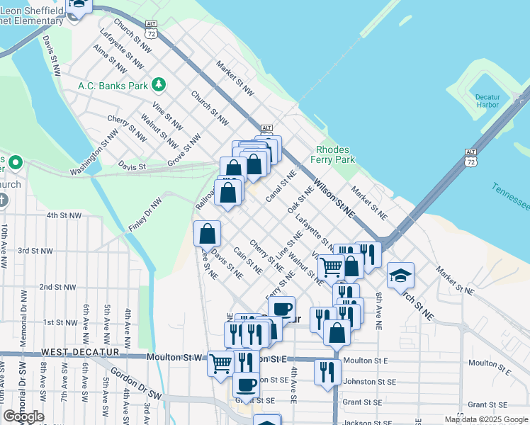 map of restaurants, bars, coffee shops, grocery stores, and more near 602 Canal Street Northeast in Decatur