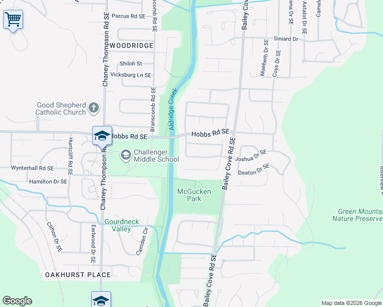 map of restaurants, bars, coffee shops, grocery stores, and more near 1085 Joshua Drive Southeast in Huntsville