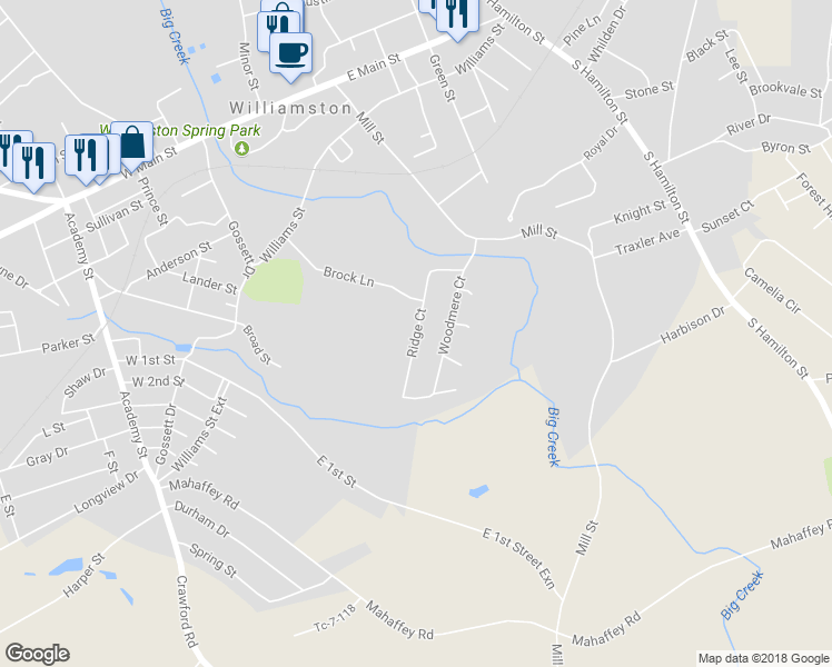 map of restaurants, bars, coffee shops, grocery stores, and more near 23 Ridge Court in Williamston