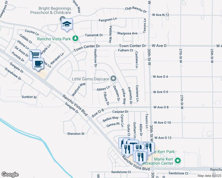 map of restaurants, bars, coffee shops, grocery stores, and more near 40110 Lloyds Court in Palmdale
