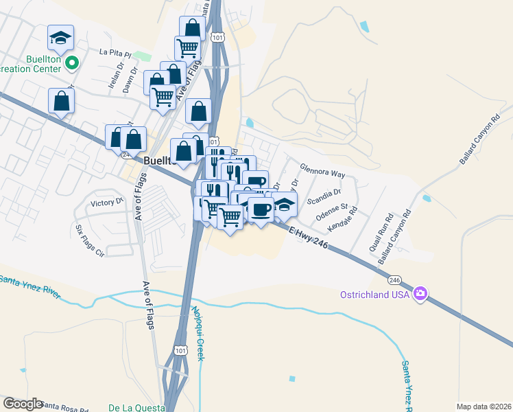 map of restaurants, bars, coffee shops, grocery stores, and more near 235 East Highway 246 in Buellton