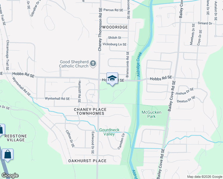 map of restaurants, bars, coffee shops, grocery stores, and more near 13555 Chaney Thompson Road Southeast in Huntsville