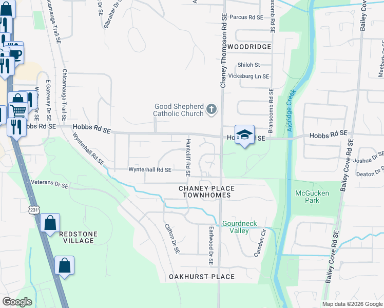 map of restaurants, bars, coffee shops, grocery stores, and more near 2704 Lantern Walk Southeast in Huntsville