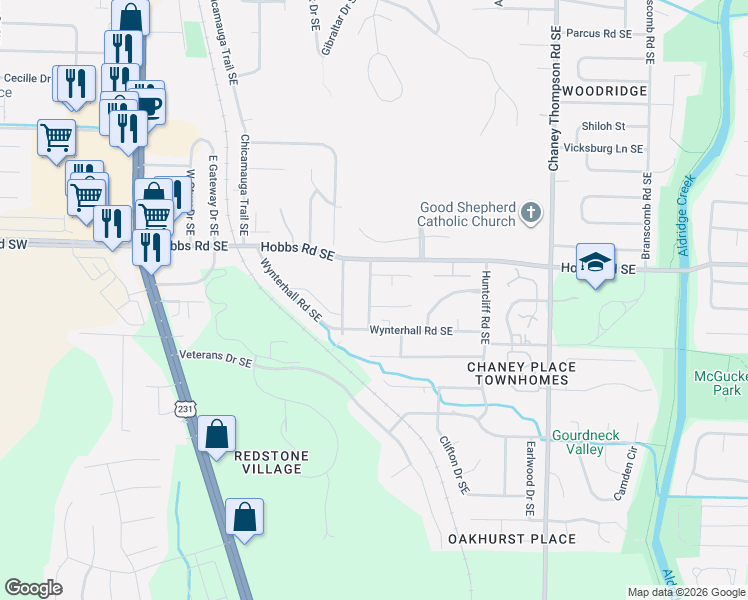 map of restaurants, bars, coffee shops, grocery stores, and more near 12012 River Canyon Road in Huntsville