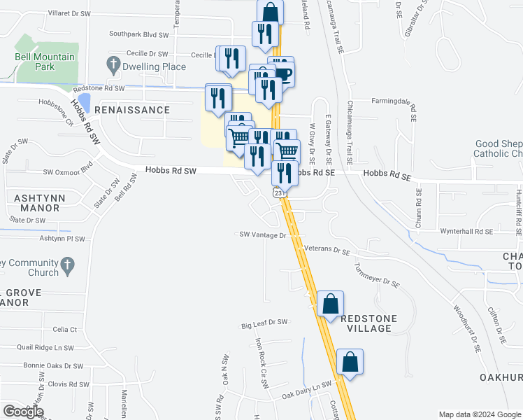 map of restaurants, bars, coffee shops, grocery stores, and more near 11920 Memorial Parkway Southwest in Huntsville