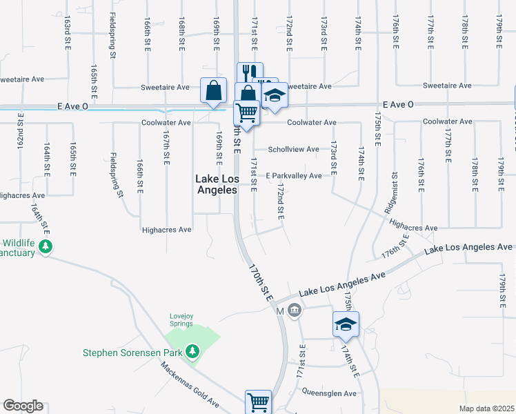 map of restaurants, bars, coffee shops, grocery stores, and more near 40148 171st Street East in Palmdale