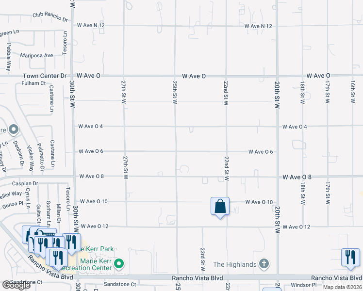map of restaurants, bars, coffee shops, grocery stores, and more near 40118 25th Street West in Palmdale