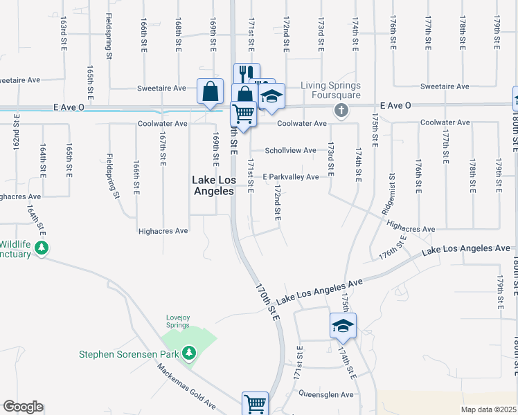 map of restaurants, bars, coffee shops, grocery stores, and more near 40148 171st Street East in Palmdale