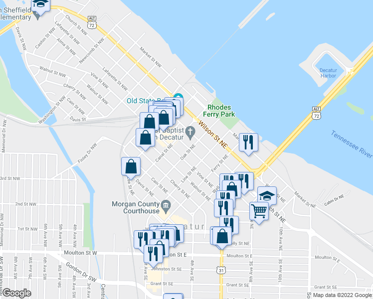 map of restaurants, bars, coffee shops, grocery stores, and more near 711 Oak Street Northeast in Decatur