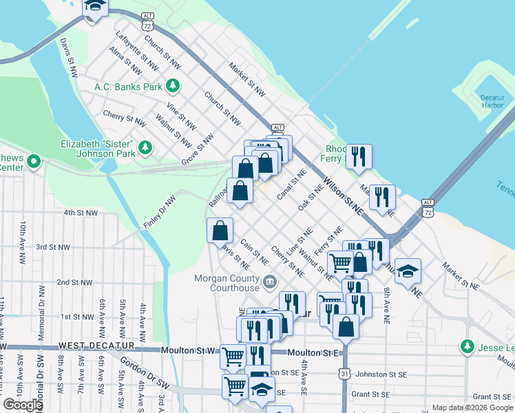 map of restaurants, bars, coffee shops, grocery stores, and more near 602 Canal Street Northeast in Decatur