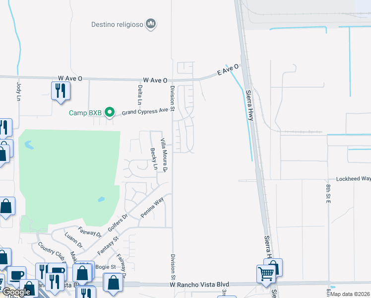 map of restaurants, bars, coffee shops, grocery stores, and more near 128 Gaitano Drive in Palmdale