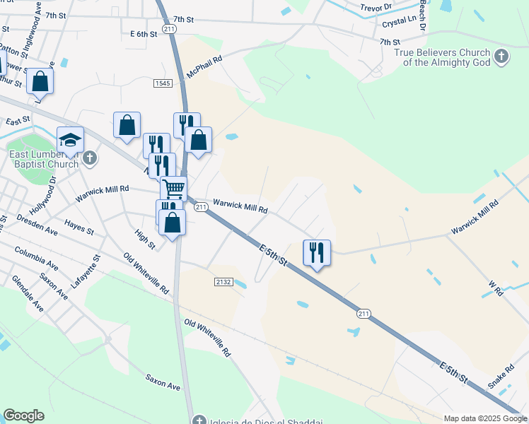 map of restaurants, bars, coffee shops, grocery stores, and more near 704 Warwick Mill Road in Lumberton