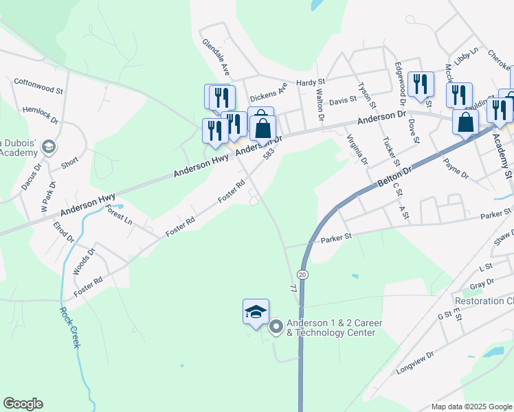 map of restaurants, bars, coffee shops, grocery stores, and more near 65 State Road S-4-77 in Williamston