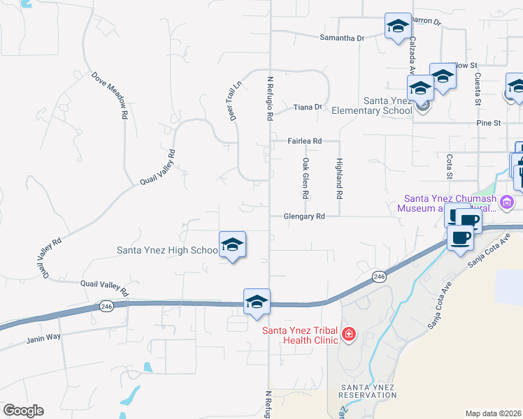 map of restaurants, bars, coffee shops, grocery stores, and more near 2981 Stadium Drive in Solvang