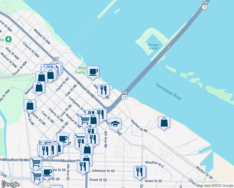 map of restaurants, bars, coffee shops, grocery stores, and more near 5124 Market Street Northeast in Decatur