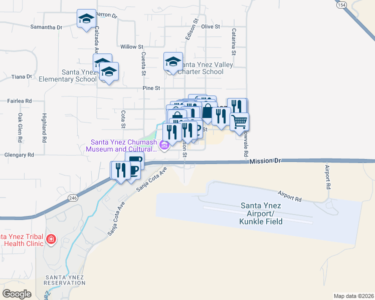 map of restaurants, bars, coffee shops, grocery stores, and more near 3511 Numancia Street in Santa Ynez