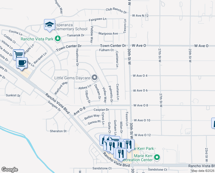 map of restaurants, bars, coffee shops, grocery stores, and more near 40111 Palmetto Drive in Palmdale