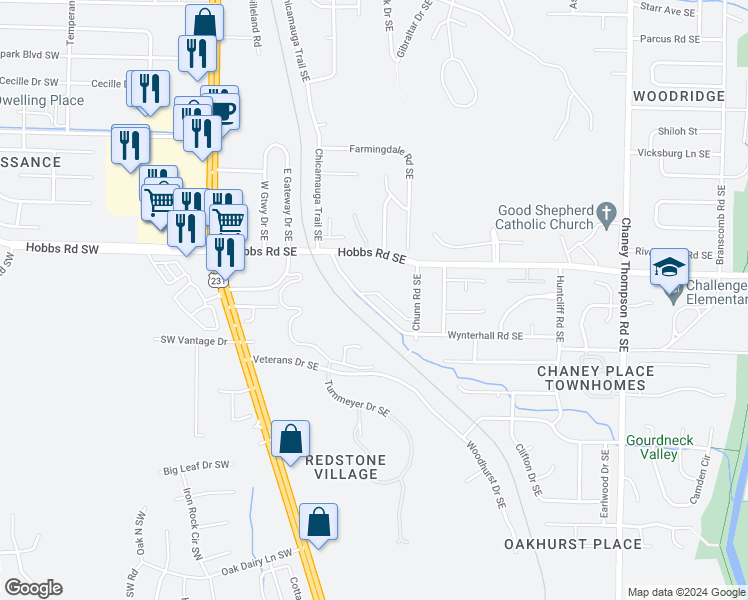 map of restaurants, bars, coffee shops, grocery stores, and more near 2744 Wynterhall Road Southeast in Huntsville