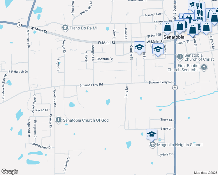 map of restaurants, bars, coffee shops, grocery stores, and more near 603 Browns Ferry Road in Senatobia