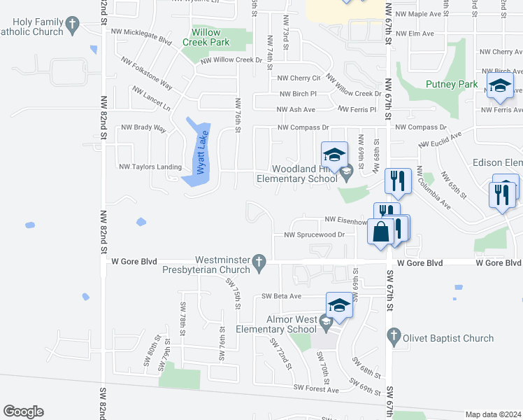 map of restaurants, bars, coffee shops, grocery stores, and more near 228 Northwest 74th Street in Lawton