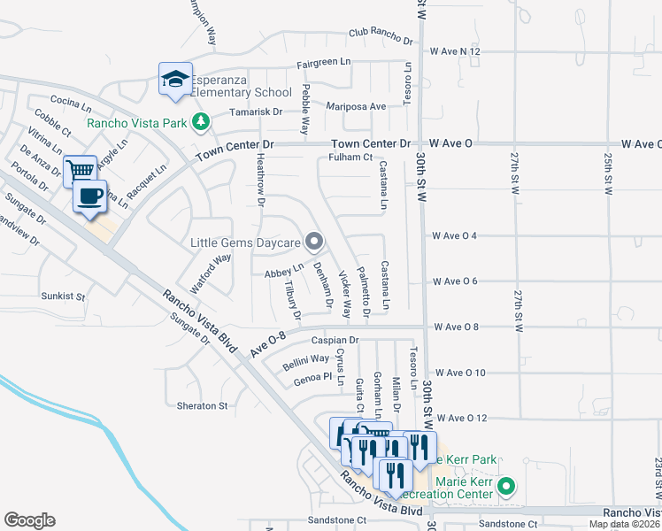 map of restaurants, bars, coffee shops, grocery stores, and more near 40123 Vicker Way in Palmdale