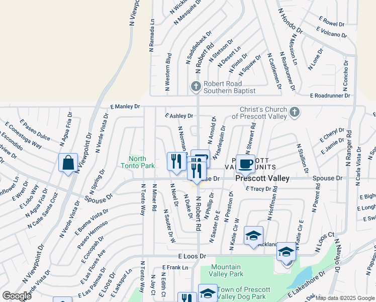 map of restaurants, bars, coffee shops, grocery stores, and more near 4725 North Norman Road in Prescott Valley