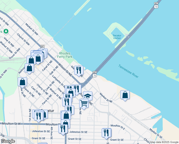 map of restaurants, bars, coffee shops, grocery stores, and more near 5124 Market Street Northeast in Decatur