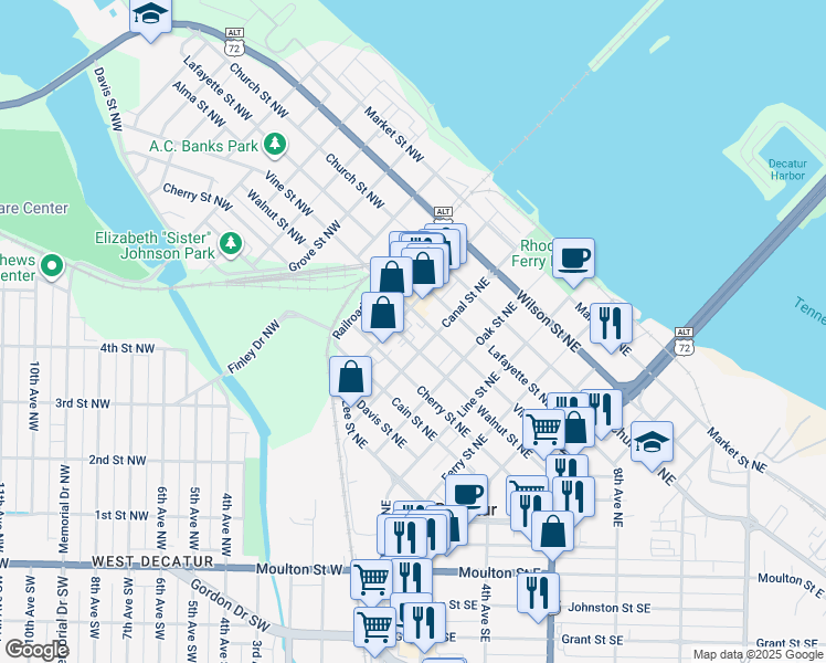 map of restaurants, bars, coffee shops, grocery stores, and more near 602 Canal Street Northeast in Decatur