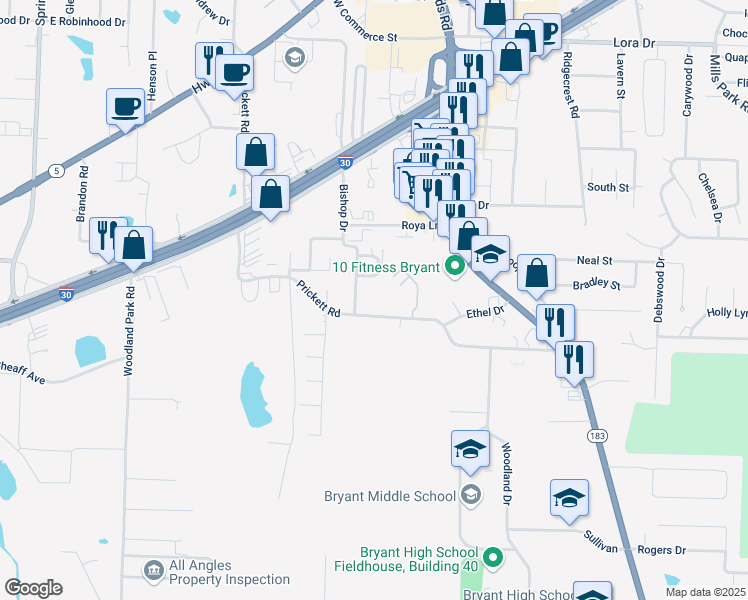 map of restaurants, bars, coffee shops, grocery stores, and more near 731 Prickett Road in Bryant