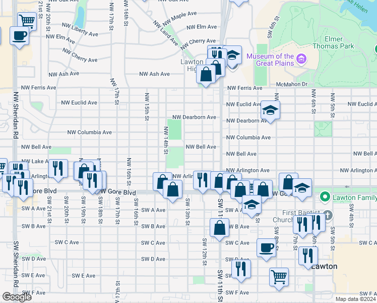 map of restaurants, bars, coffee shops, grocery stores, and more near 1213 Northwest Lake Avenue in Lawton