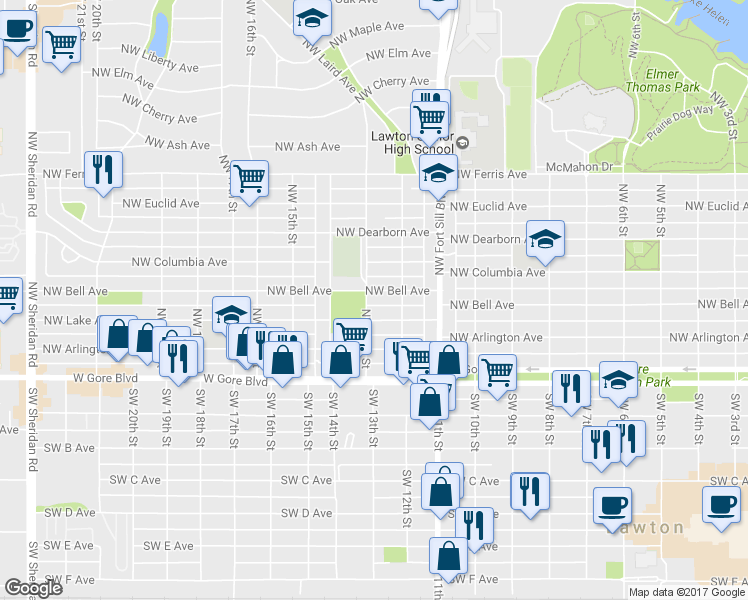 map of restaurants, bars, coffee shops, grocery stores, and more near 1213 Northwest Lake Avenue in Lawton