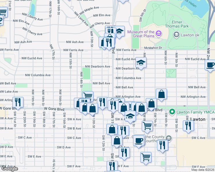 map of restaurants, bars, coffee shops, grocery stores, and more near 1113 Northwest Lake Avenue in Lawton
