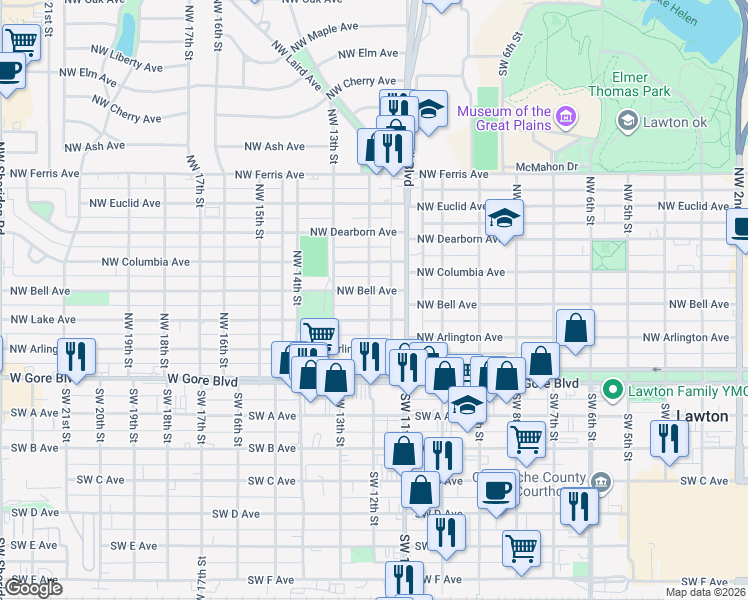 map of restaurants, bars, coffee shops, grocery stores, and more near 1113 Northwest Lake Avenue in Lawton